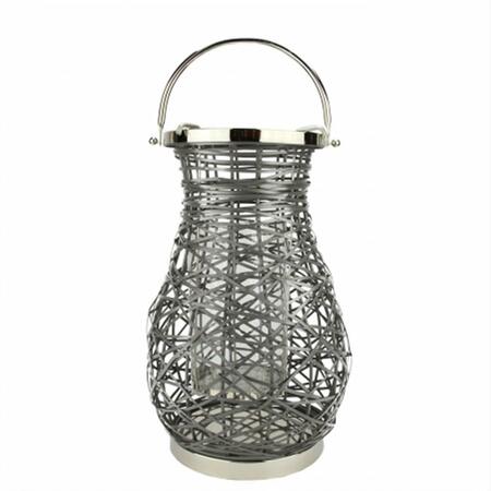 NORTHLIGHT SEASONAL Modern Gray Decorative Woven Iron Pillar Candle Lantern with Glass Hurricane 31580065